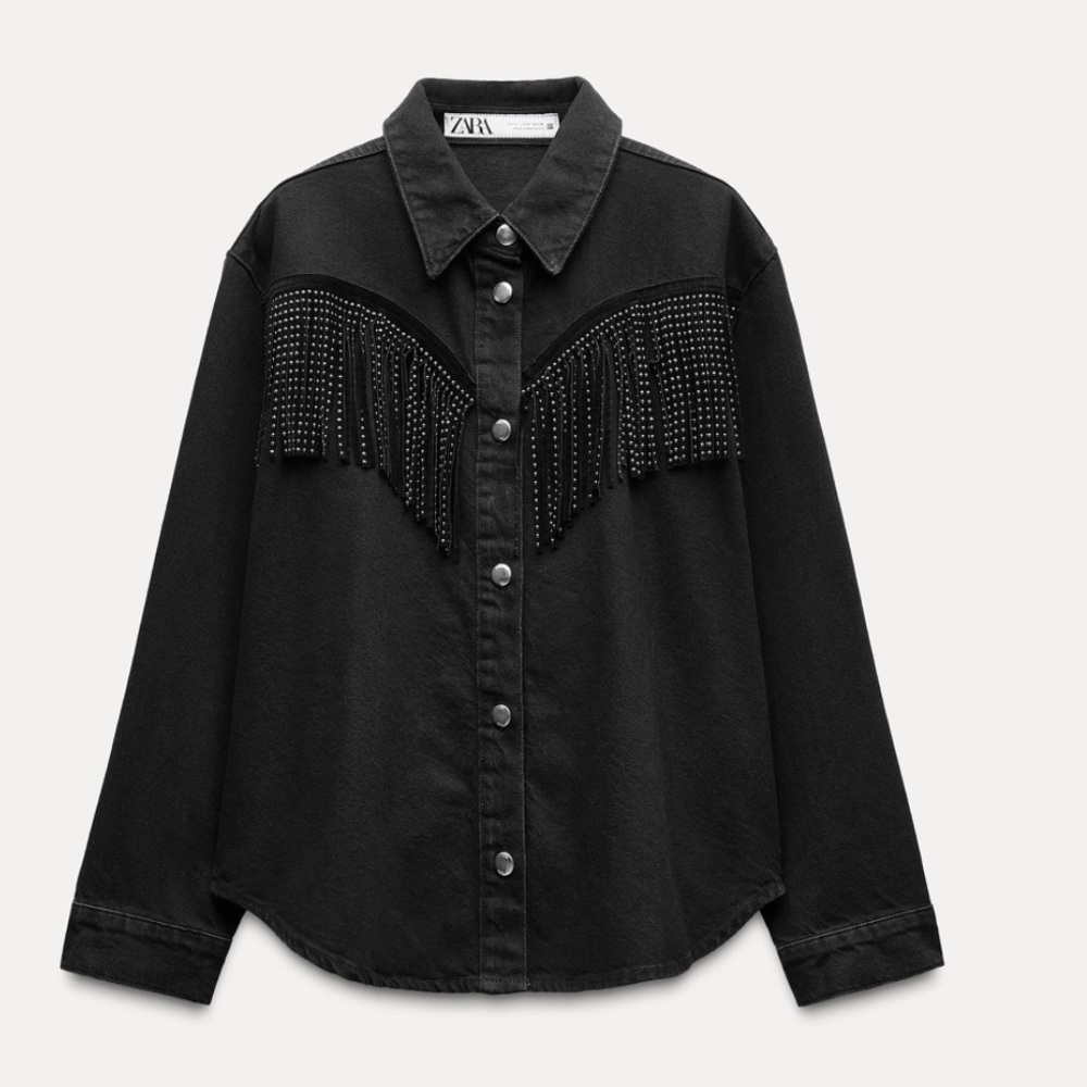 ZARA Black Denim Shirt with Fringe NWT